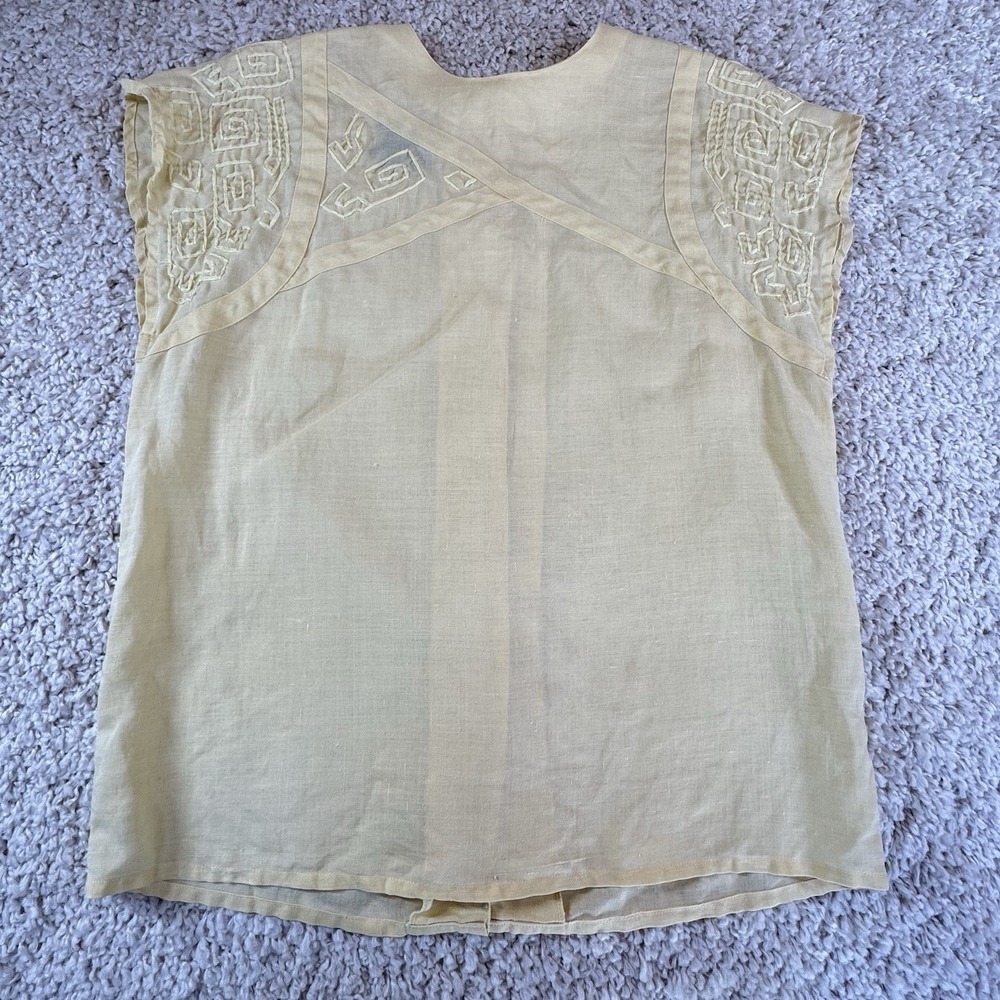 Vintage Suzelle Top Women's Yellow Embroidered Button Up Back 100% Ramie